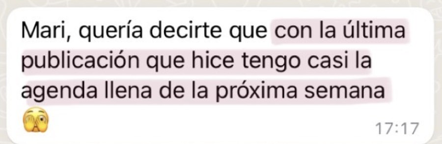 Mensaje de una alumna contando que tiene casi la agenda llena de la próxima semana con su última publicación