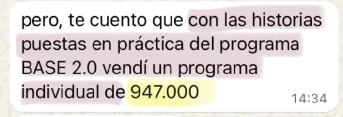 Mensaje de una alumna contando que con las historias del programa vendió un programa individual de 947.000