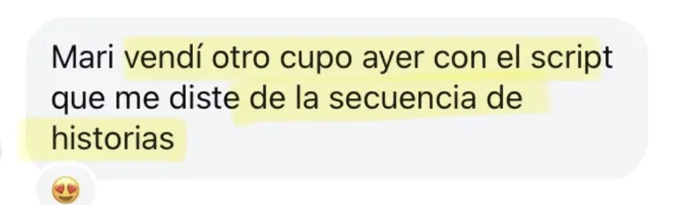 Mensaje de una alumna contando que vendió otro cupo con el script de la secuencia de historias