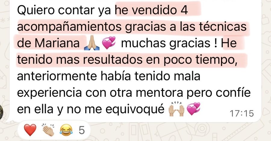 Mensaje de una alumna contando que vendió 4 acompañamientos gracias a las técnicas de venta