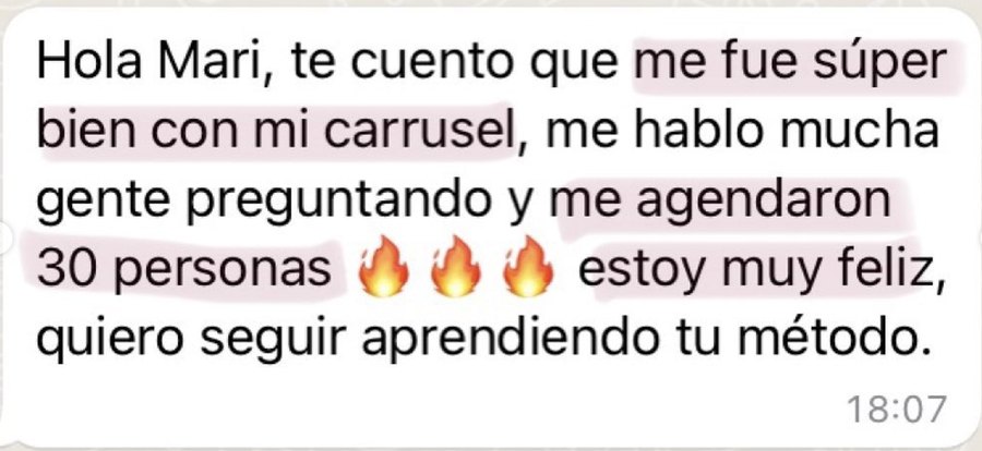 Mensaje de una alumna contando que le agendaron 30 personas con su carrusel